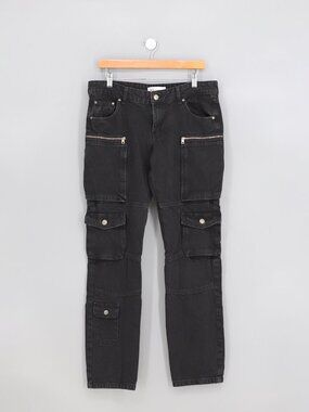 ZARA Mid Rise Slim Fit Cargo Jeans Pants Multi Pockets in Black Size 8
